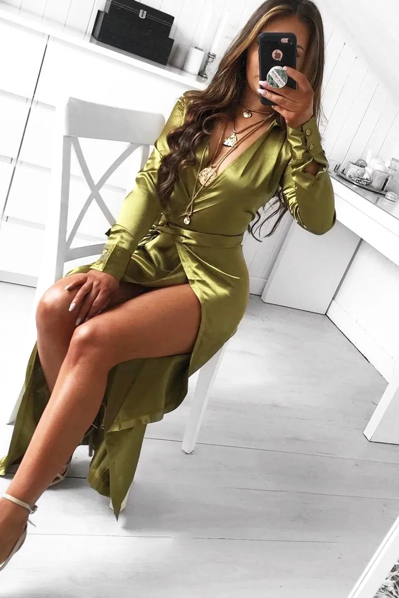 - Plunge Maxi Satin Wrap Beni Risk-free Front Dress Olive Client-focused service