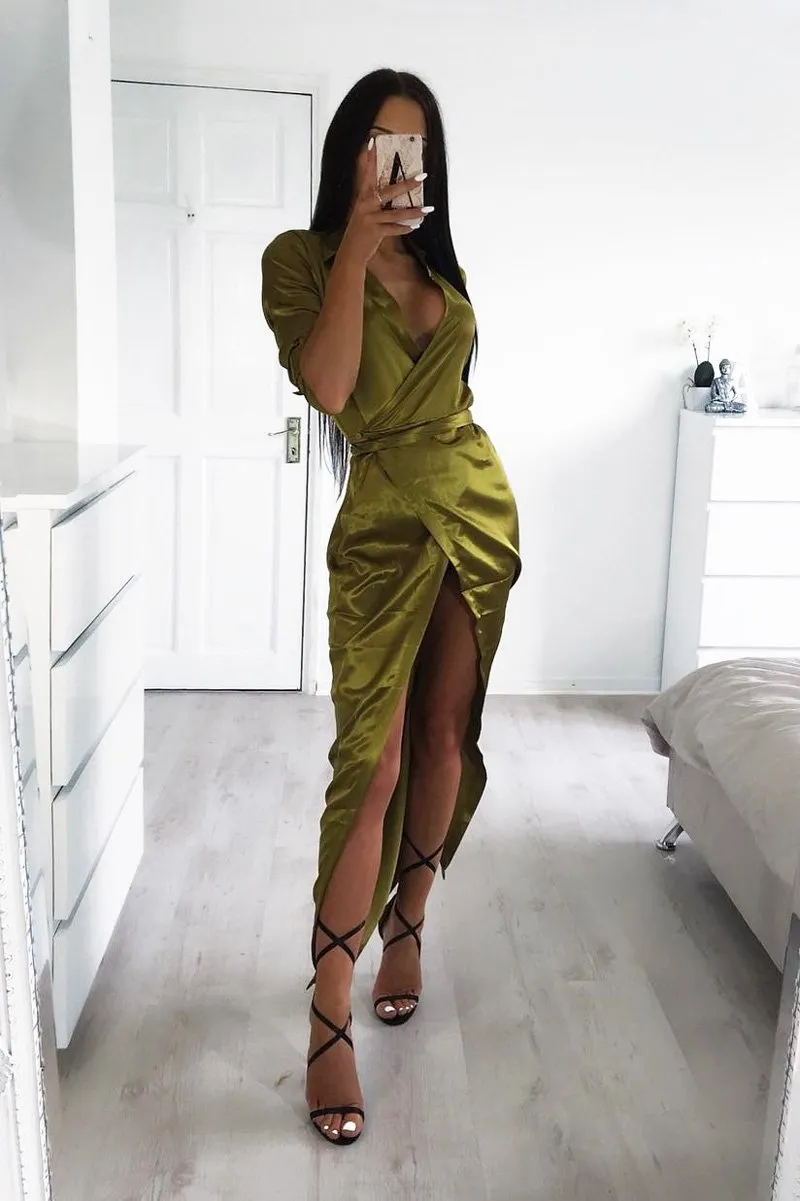 - Plunge Maxi Satin Wrap Beni Risk-free Front Dress Olive Client-focused service