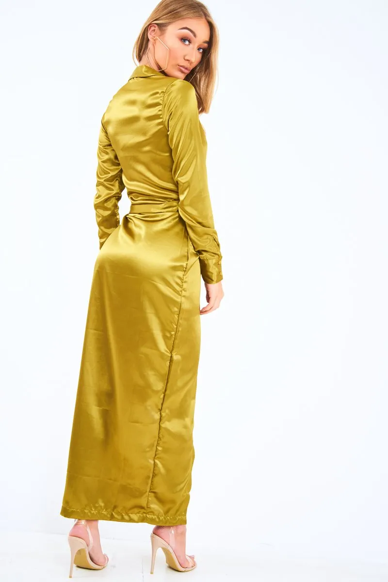 - Plunge Maxi Satin Wrap Beni Risk-free Front Dress Olive Client-focused service