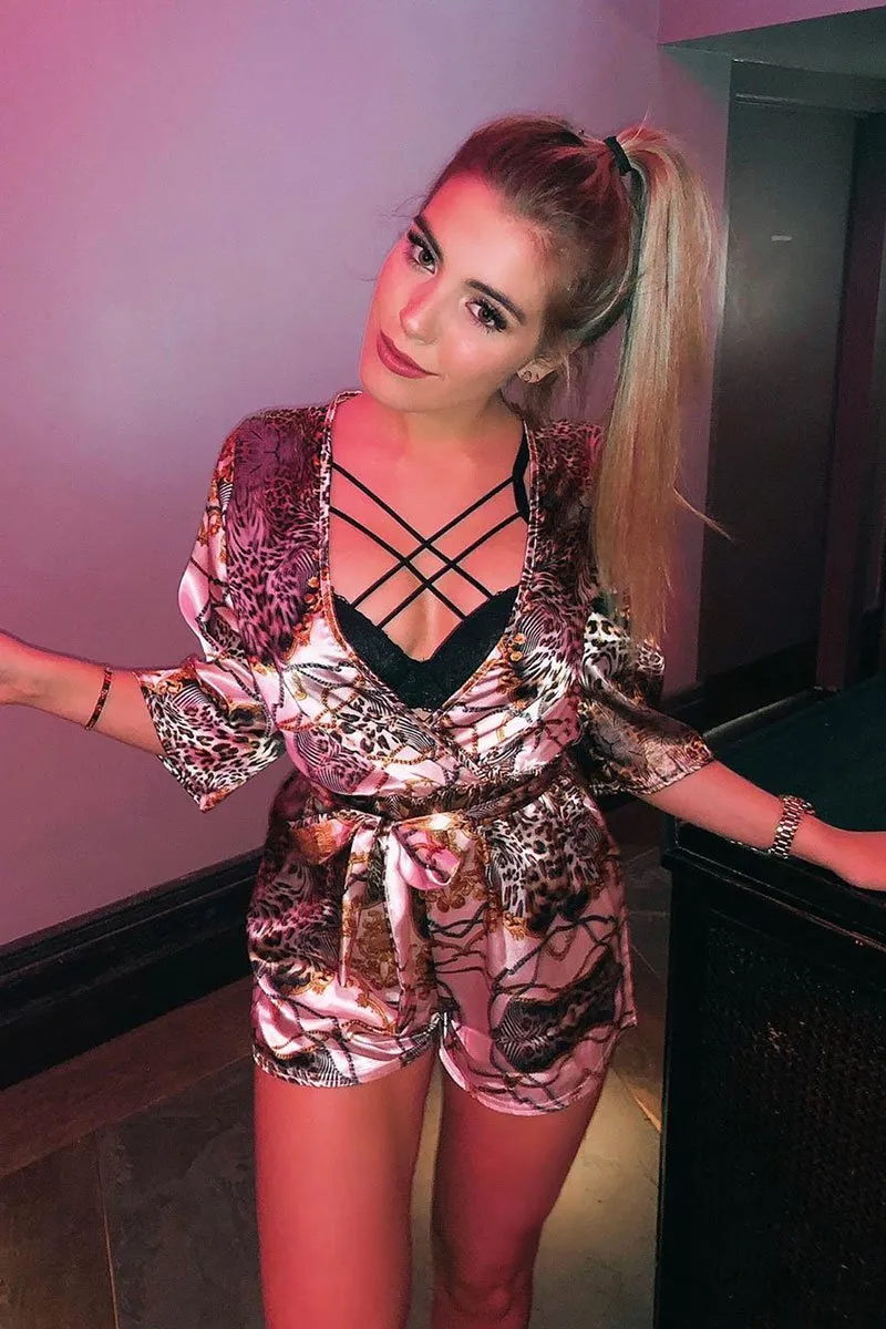 - Plunge Print Violet Playsuit Mix Nude Satin Dual-purpose Extensive range Belted