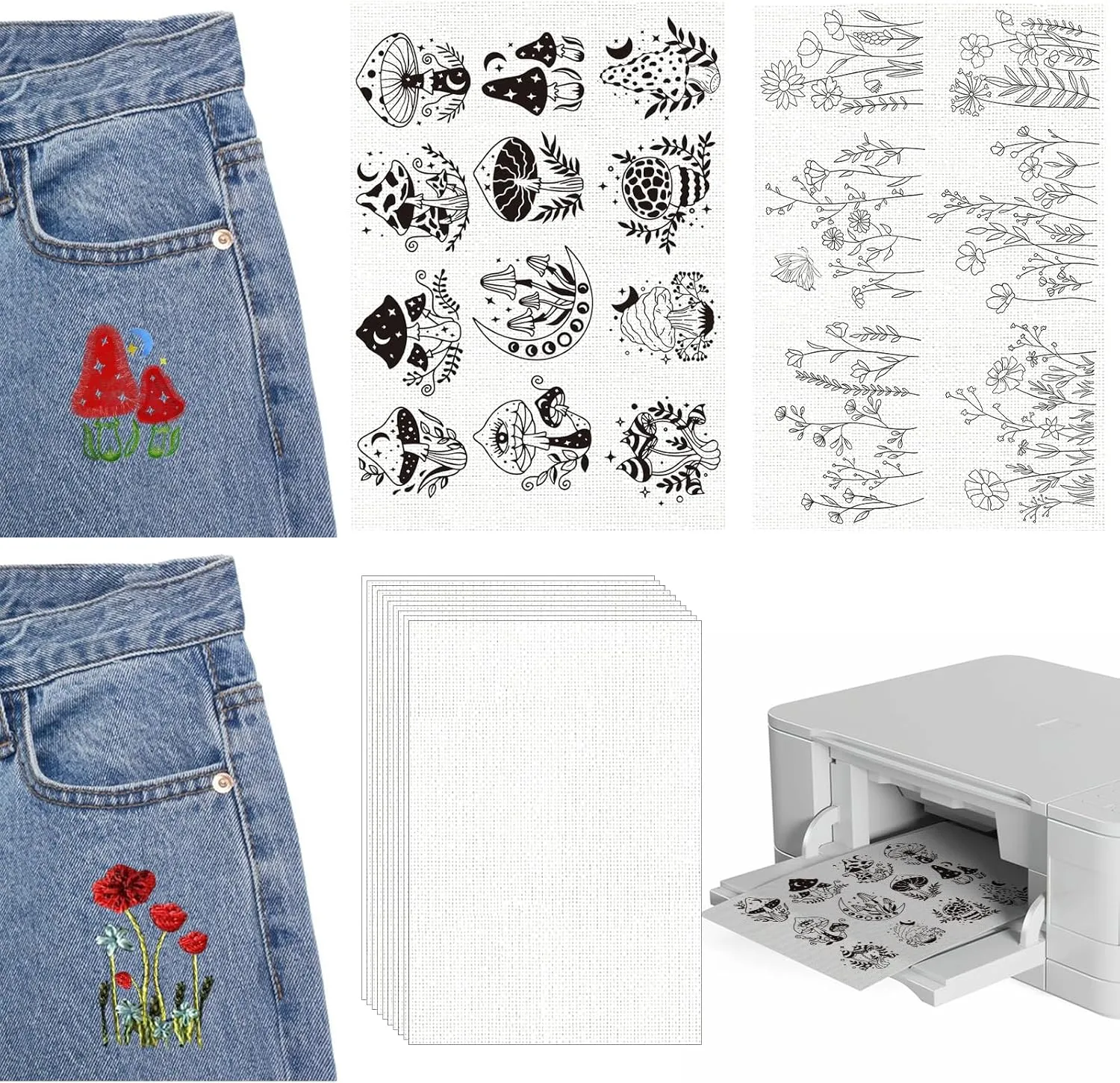 12Pcs Water Soluble Hand Sewing Stabilizer，Flower and Mushroom Patterns Transfer Paper for Beginners Shirts Canvas Shoes Linen Handbags Decor