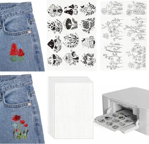 12Pcs Water Soluble Hand Sewing Stabilizer，Flower and Mushroom Patterns Transfer Paper for Beginners Shirts Canvas Shoes Linen Handbags Decor