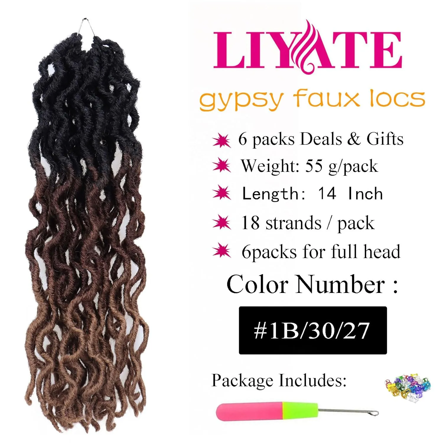 14 Inch Goddess Faux locs Crochet Hair 6 Packs/Lot Soft Gypsy Locs Wavy Crochet Braids Dreadlocks 3 Tone Curly Wavy Twist Braiding Hair Extensions African Roots Braid（#1B/30/27)