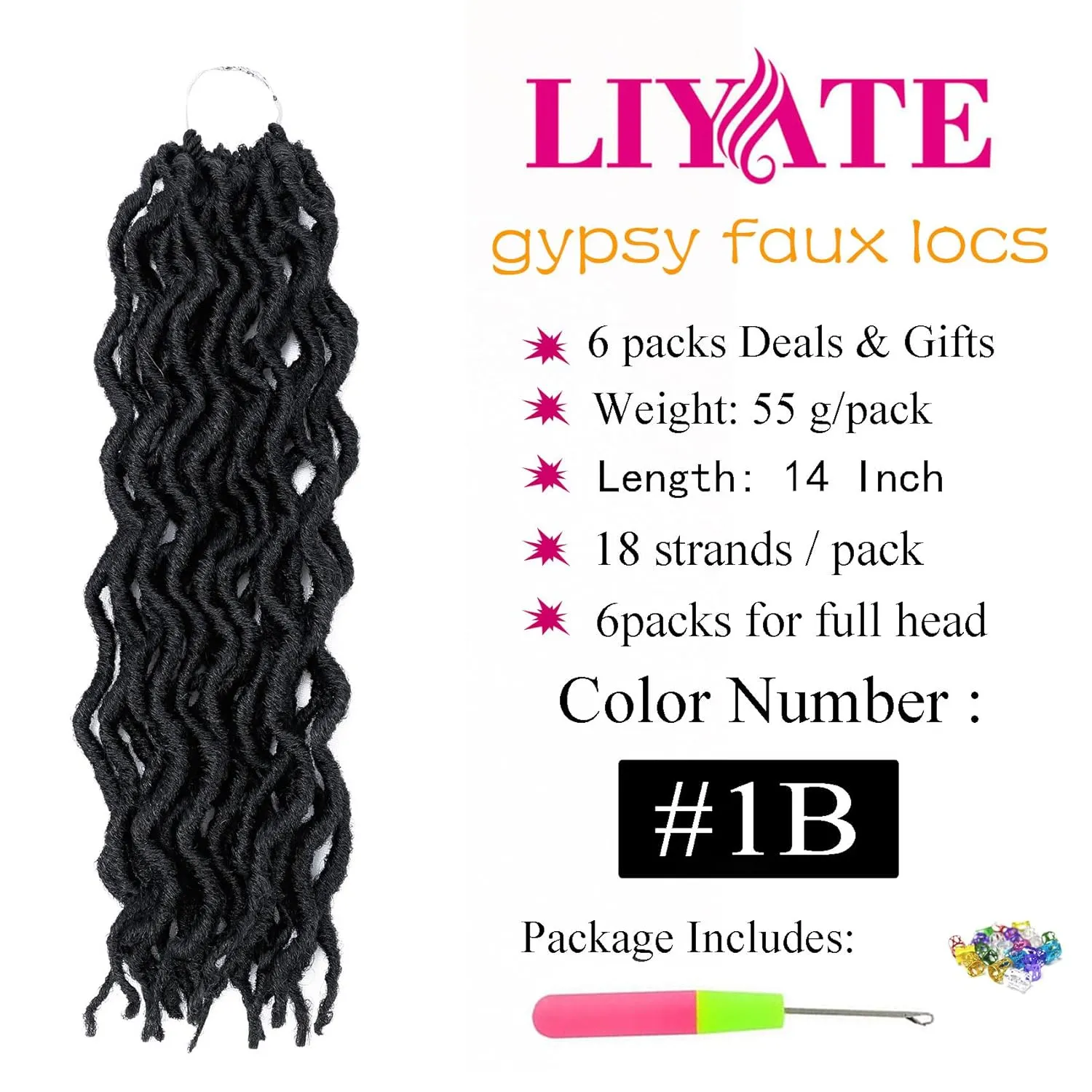 14 Inch Goddess Faux locs Crochet Hair 6 Packs/Lot Soft Gypsy Locs Wavy Crochet Braids Dreadlocks 3 Tone Curly Wavy Twist Braiding Hair Extensions African Roots Braid（#1B)