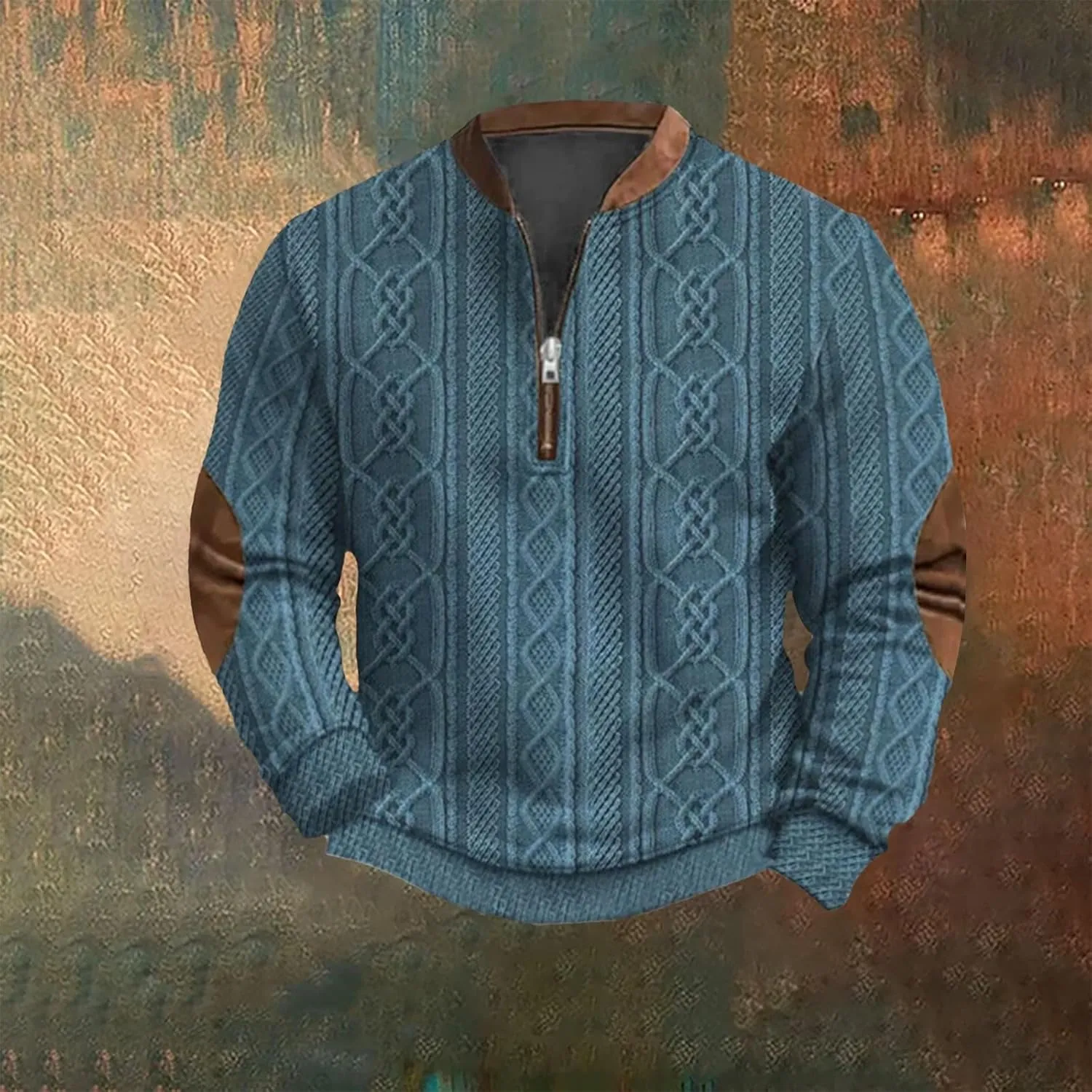 1/4 Zip Pullover Mens Stand Collar Sweatshirt Aztec Knit-Pattern Top Fall Western Vintage Long Sleeve Sweatshirt
