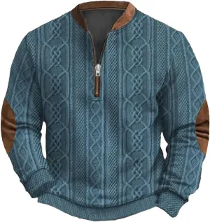 1/4 Zip Pullover Mens Stand Collar Sweatshirt Aztec Knit-Pattern Top Fall Western Vintage Long Sleeve Sweatshirt
