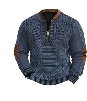 1/4 Zip Pullover Mens Stand Collar Sweatshirt Aztec Knit-Pattern Top Fall Western Vintage Long Sleeve Sweatshirt