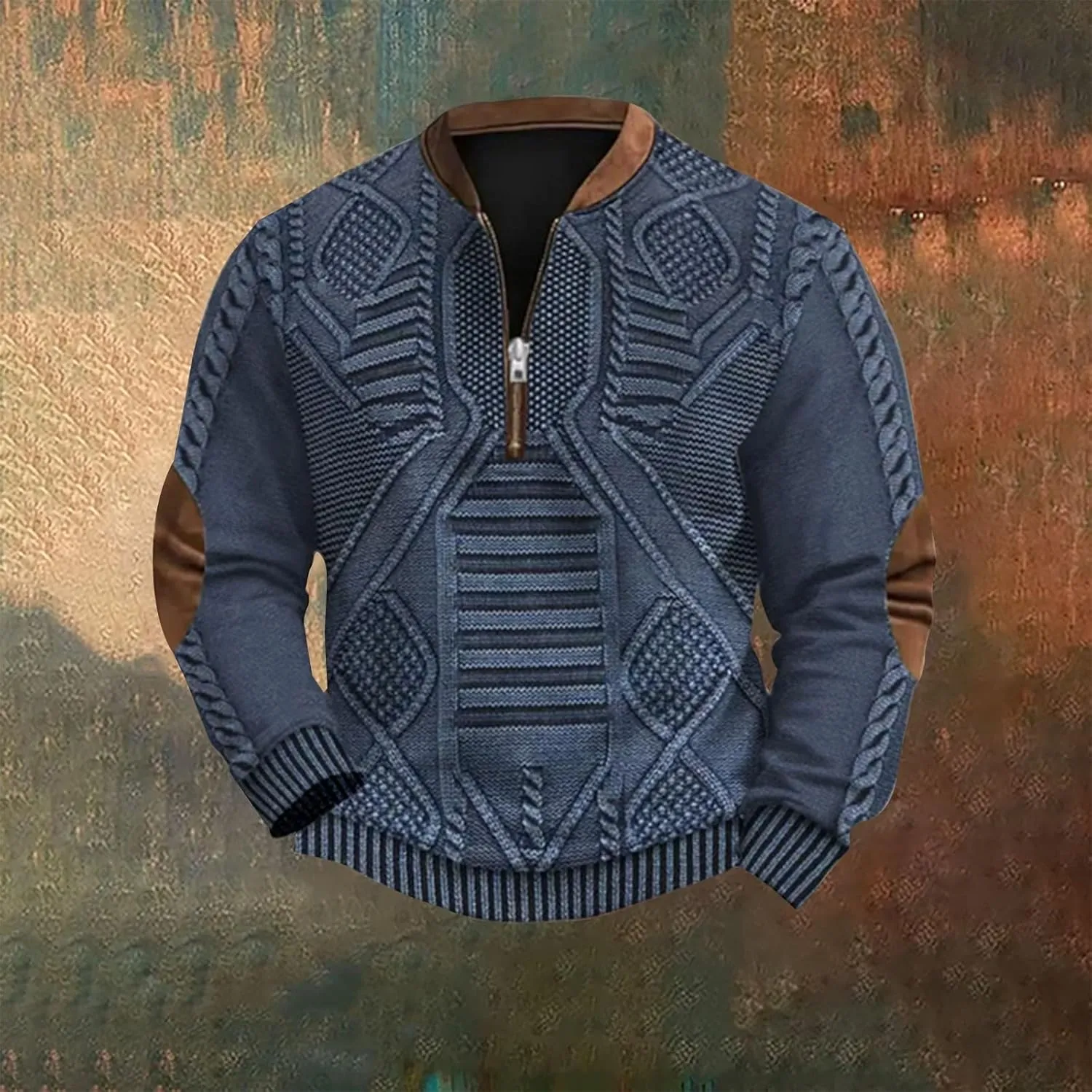 1/4 Zip Pullover Mens Stand Collar Sweatshirt Aztec Knit-Pattern Top Fall Western Vintage Long Sleeve Sweatshirt