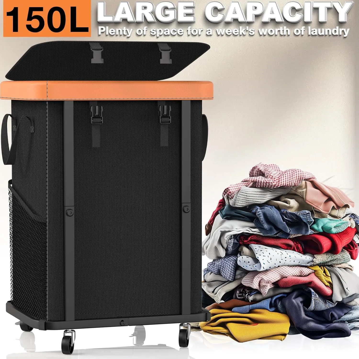 150L(40 Gal) Large Fashion Laundry Basket with Wheels, Leather Patchwork Rolling Hamper Carts, Sturdy Metal Frame, Removable Washable Bag, Tall Clothes Sorter for Bedroom, Laundry Room, Dorm - Black