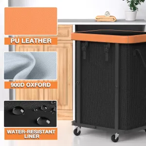 150L(40 Gal) Large Fashion Laundry Basket with Wheels, Leather Patchwork Rolling Hamper Carts, Sturdy Metal Frame, Removable Washable Bag, Tall Clothes Sorter for Bedroom, Laundry Room, Dorm - Black