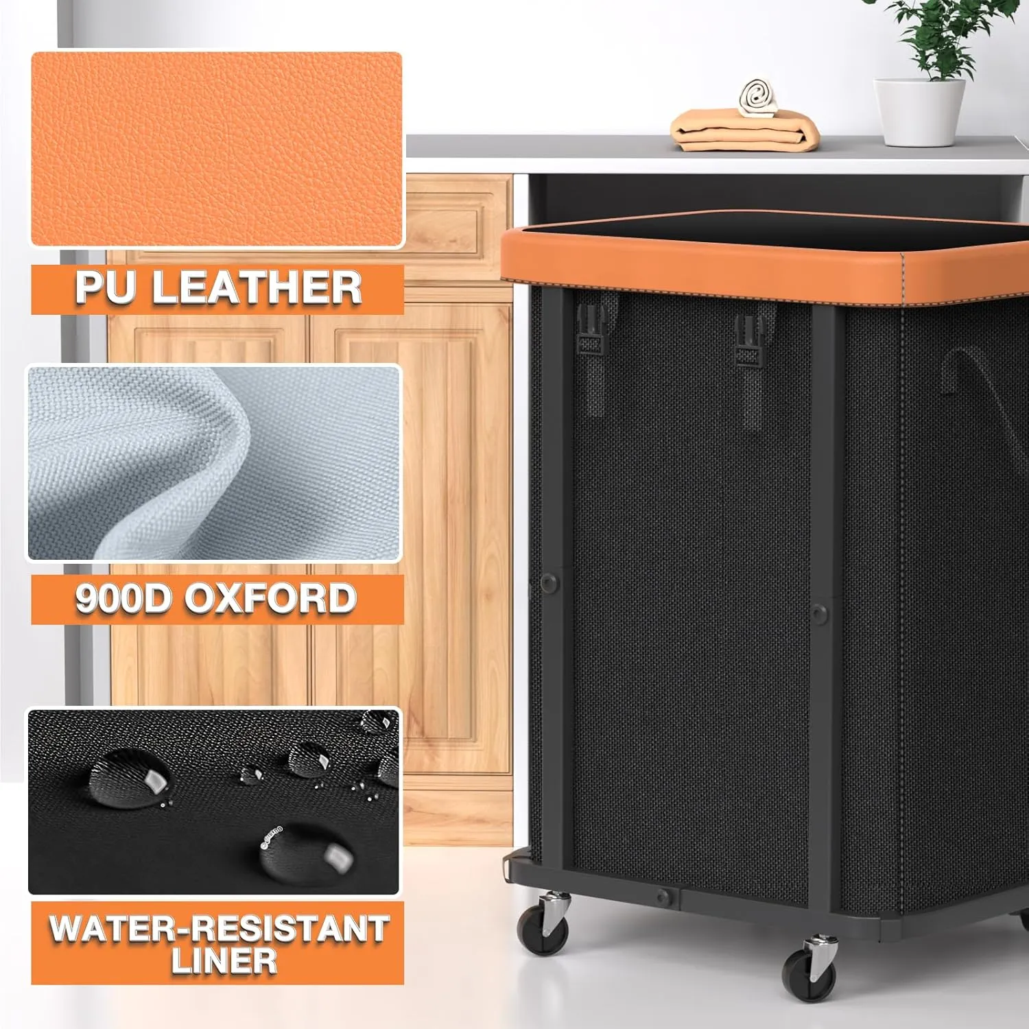 150L(40 Gal) Large Fashion Laundry Basket with Wheels, Leather Patchwork Rolling Hamper Carts, Sturdy Metal Frame, Removable Washable Bag, Tall Clothes Sorter for Bedroom, Laundry Room, Dorm - Black