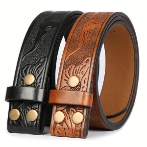 2 Men's Cowboy Belts 3 Faux Leather Western Belt - Embossed Bull Head Brown