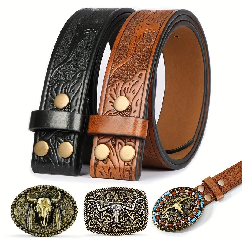 2 Men's Cowboy Belts 3 Faux Leather Western Belt - Embossed Bull Head Brown