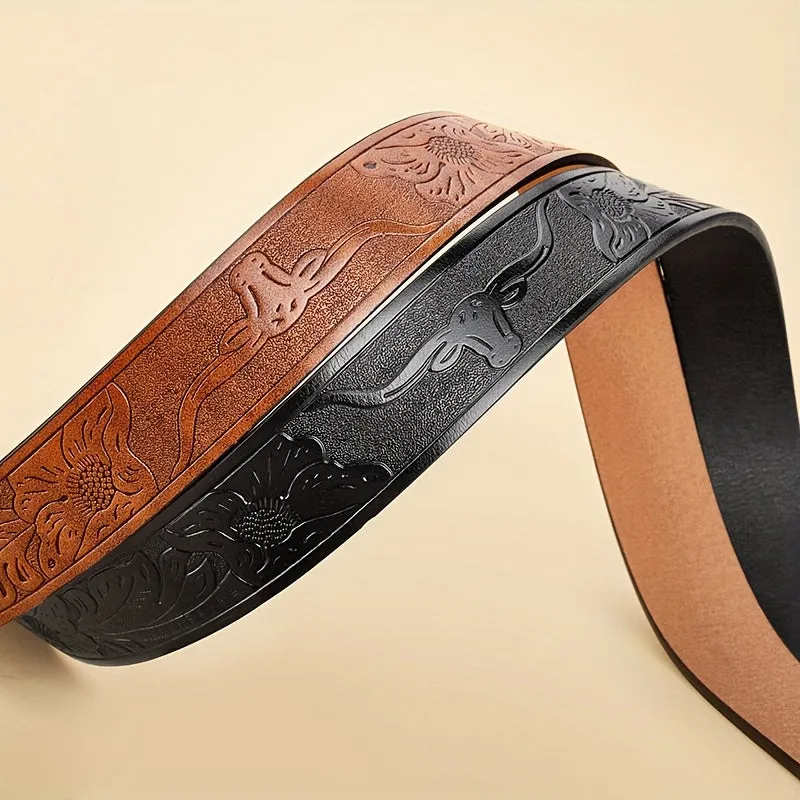 2 Men's Cowboy Belts 3 Faux Leather Western Belt - Embossed Bull Head Brown