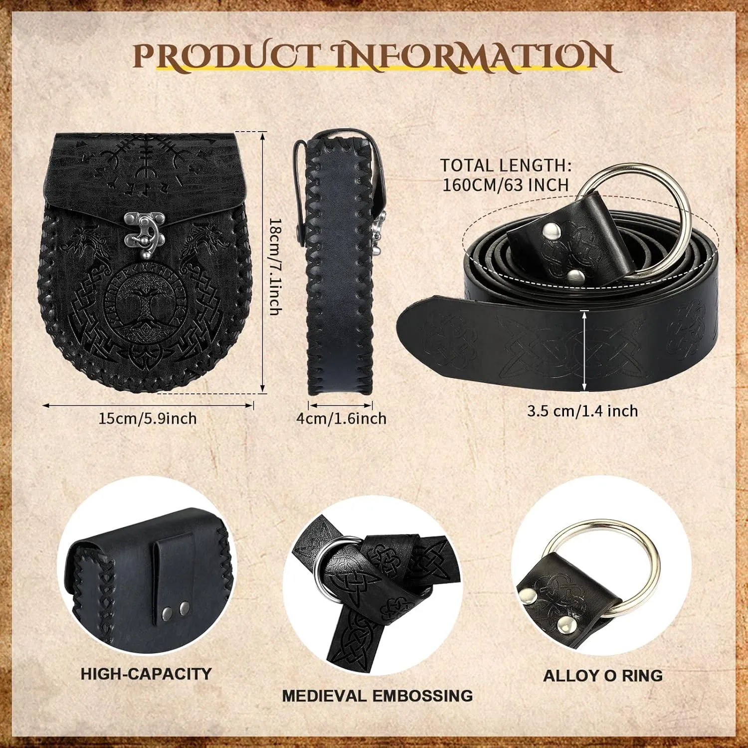 2 Pcs Medieval Viking Belt Leather PU Viking Belt Pouch for Retro Medieval Bag Side Pack Renaissance Accessories