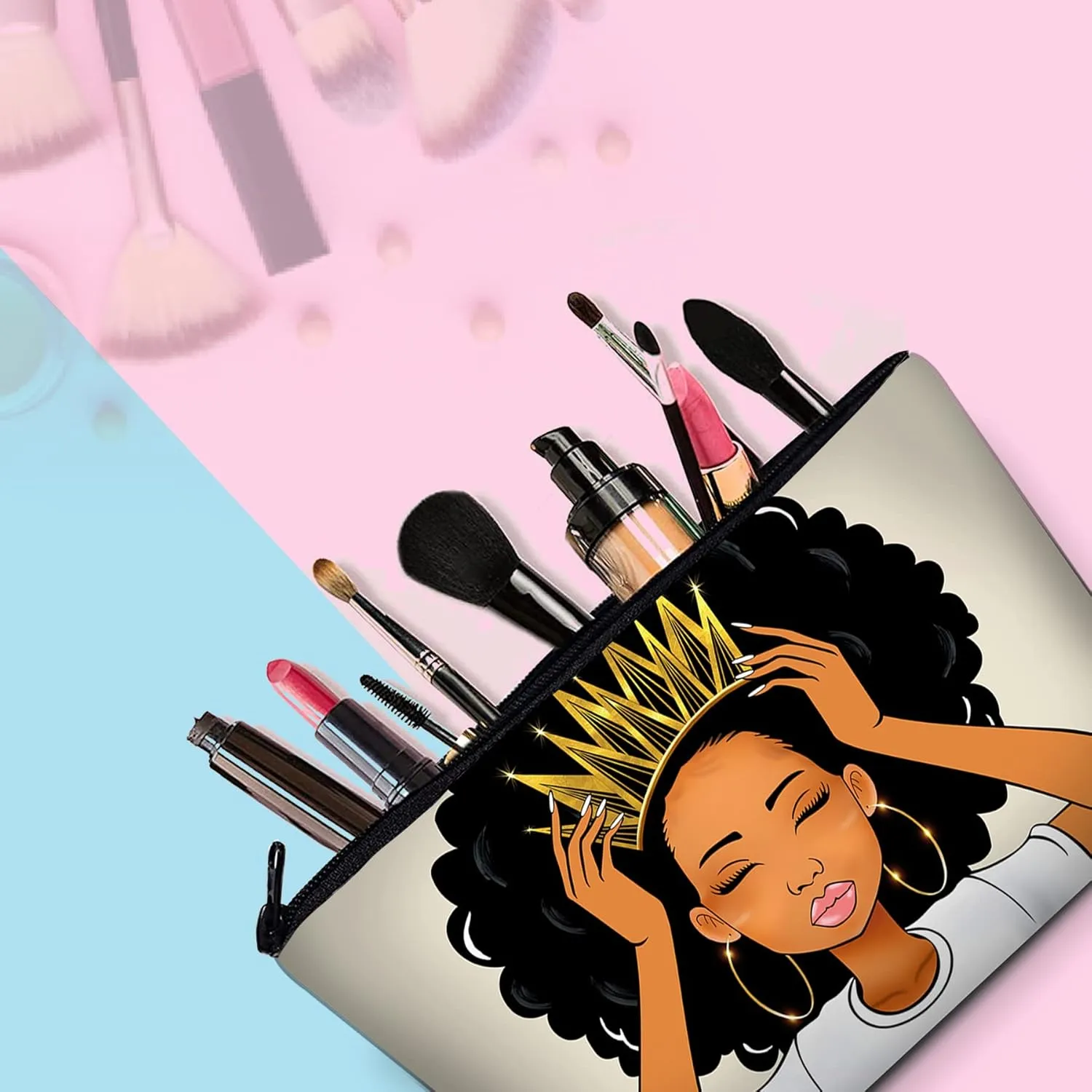 2 Pieces Makeup Bag Accessories Pouch Black Queen Afro Melanin Art Travel Toiletry Bag Reusable Cosmetic Organizer for Women Afro Gifts