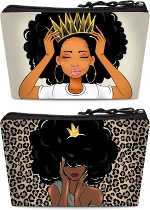 2 Pieces Makeup Bag Accessories Pouch Black Queen Afro Melanin Art Travel Toiletry Bag Reusable Cosmetic Organizer for Women Afro Gifts