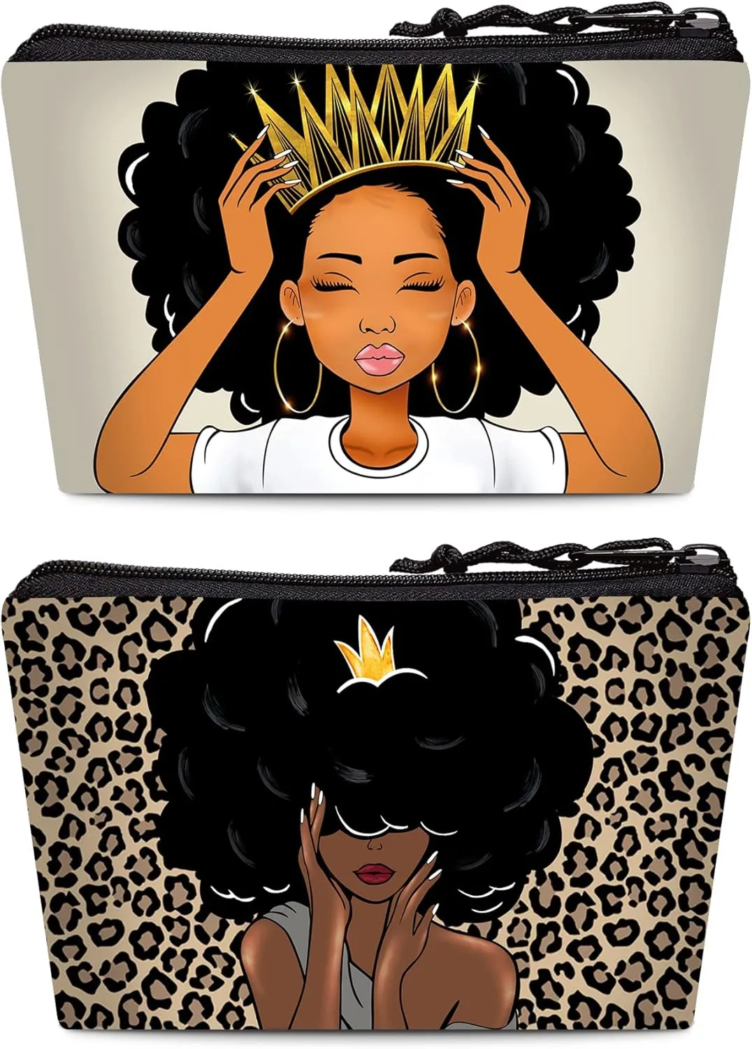 2 Pieces Makeup Bag Accessories Pouch Black Queen Afro Melanin Art Travel Toiletry Bag Reusable Cosmetic Organizer for Women Afro Gifts