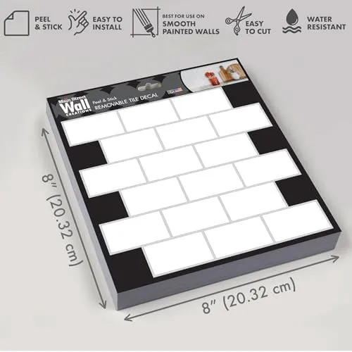 24-Pack of 8 x 8" Wallpaper Tiles in White Subway Design for Kitchen Backsplash. Peel and Stick Renter Friendly Backsplash. Self Stick Paper Wall Tiles for Your Home