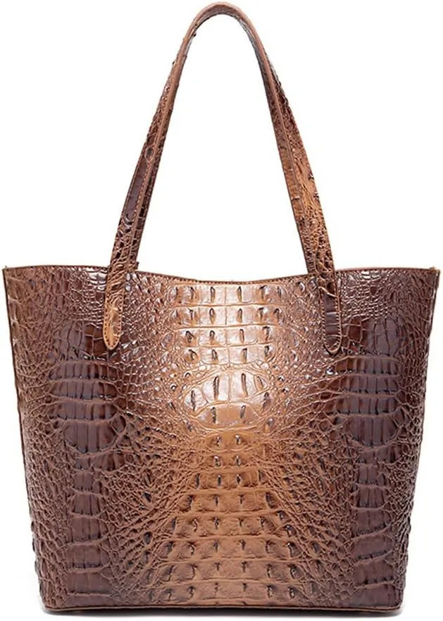 2PCS Set Tote Handbag for Women Crocodile Print Shoulder Purse Leather Work Shopper Top-handle Bag with Clutch
