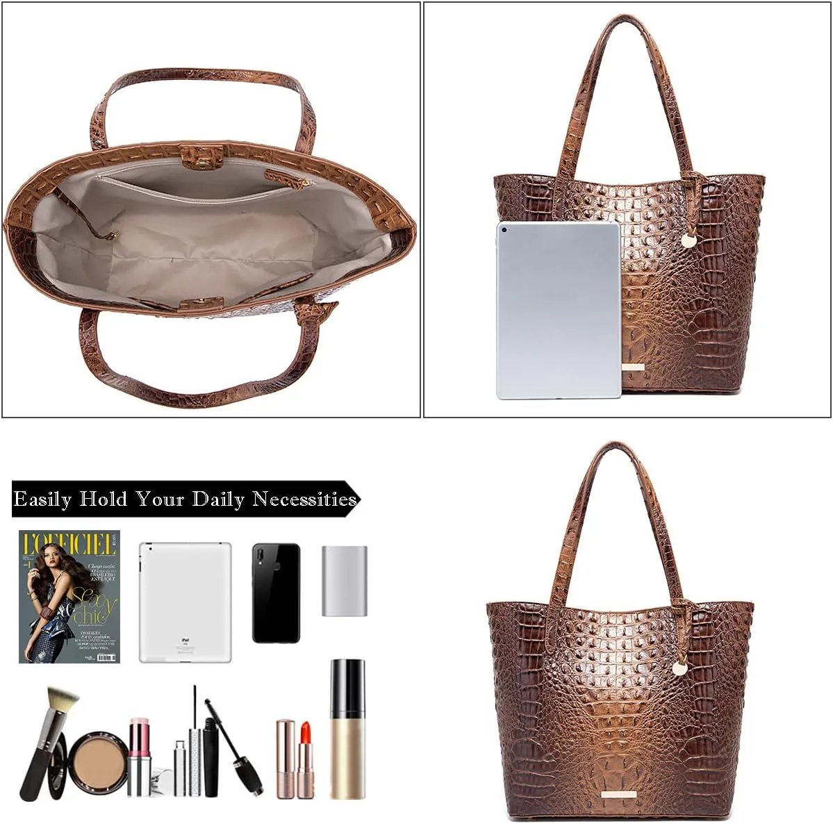 2PCS Set Tote Handbag for Women Crocodile Print Shoulder Purse Leather Work Shopper Top-handle Bag with Clutch