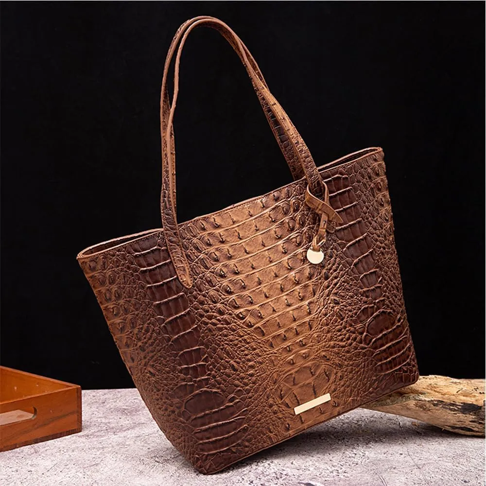 2PCS Set Tote Handbag for Women Crocodile Print Shoulder Purse Leather Work Shopper Top-handle Bag with Clutch