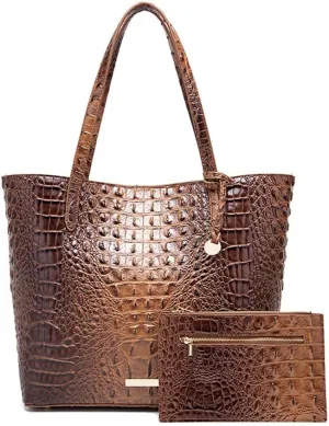 2PCS Set Tote Handbag for Women Crocodile Print Shoulder Purse Leather Work Shopper Top-handle Bag with Clutch