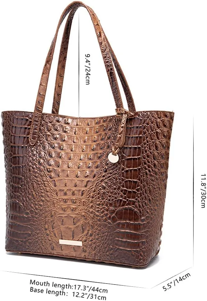 2PCS Set Tote Handbag for Women Crocodile Print Shoulder Purse Leather Work Shopper Top-handle Bag with Clutch
