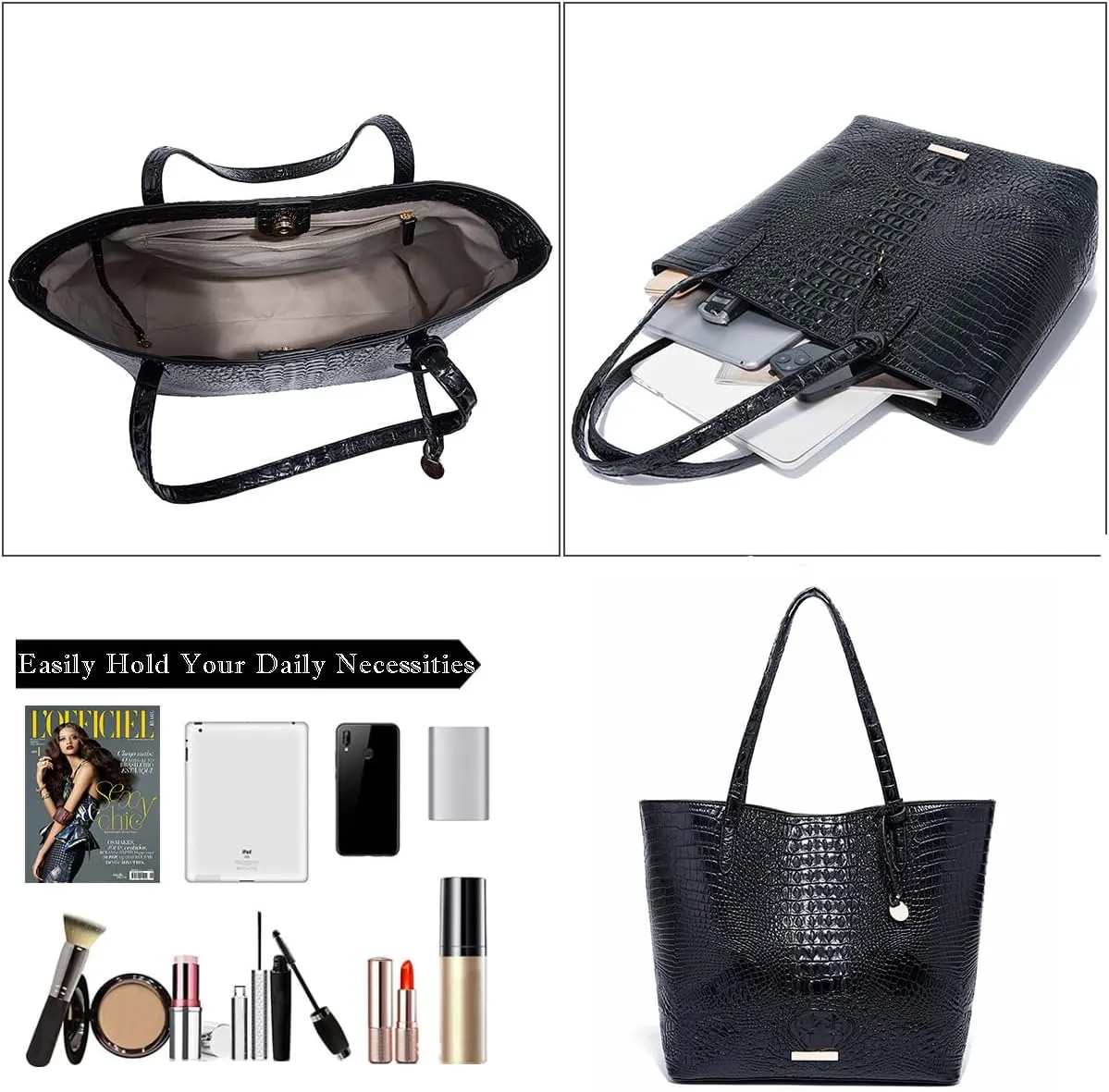 2PCS Set Tote Handbag for Women Crocodile Print Shoulder Purse Leather Work Shopper Top-handle Bag with Clutch