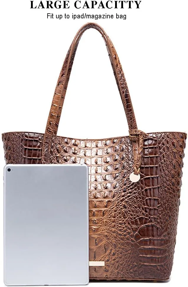 2PCS Set Tote Handbag for Women Crocodile Print Shoulder Purse Leather Work Shopper Top-handle Bag with Clutch
