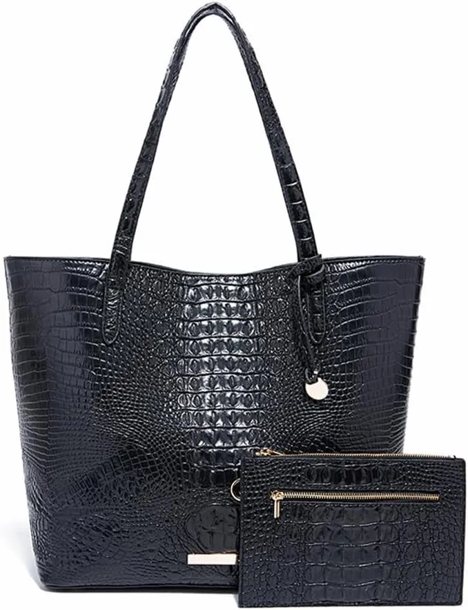 2PCS Set Tote Handbag for Women Crocodile Print Shoulder Purse Leather Work Shopper Top-handle Bag with Clutch