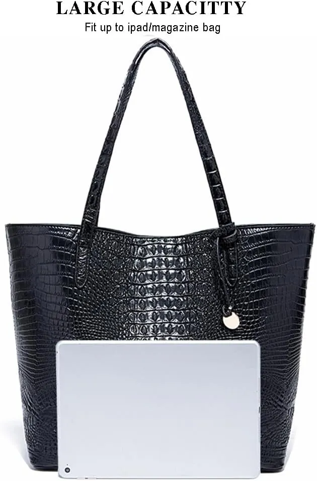 2PCS Set Tote Handbag for Women Crocodile Print Shoulder Purse Leather Work Shopper Top-handle Bag with Clutch