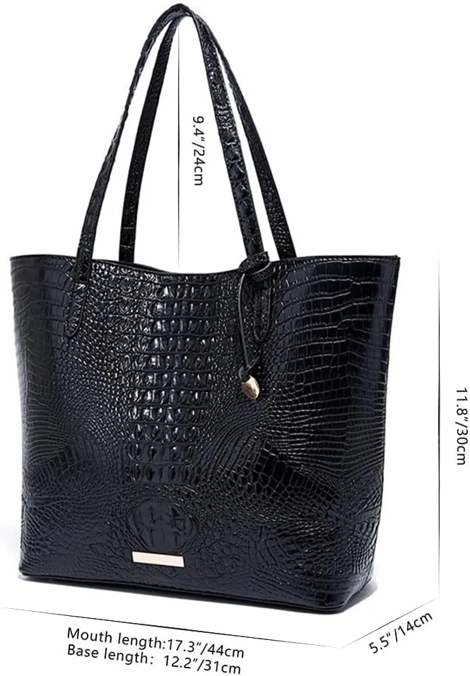 2PCS Set Tote Handbag for Women Crocodile Print Shoulder Purse Leather Work Shopper Top-handle Bag with Clutch