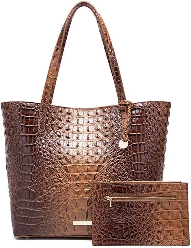 2PCS Set Tote Handbag for Women Crocodile Print Shoulder Purse Leather Work Shopper Top-handle Bag with Clutch
