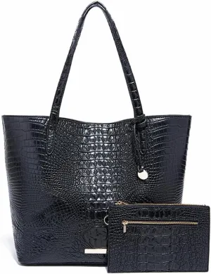 2PCS Set Tote Handbag for Women Crocodile Print Shoulder Purse Leather Work Shopper Top-handle Bag with Clutch