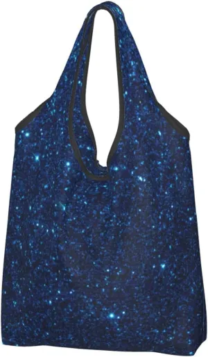 3 PCS Large Tote Bag for Women - Lightweight Sparkling Blue Glitter Reusable Grocery Bags Foldable, Shopping Bags for Groceries, Cloth Bags Work Beach Travel with Handles