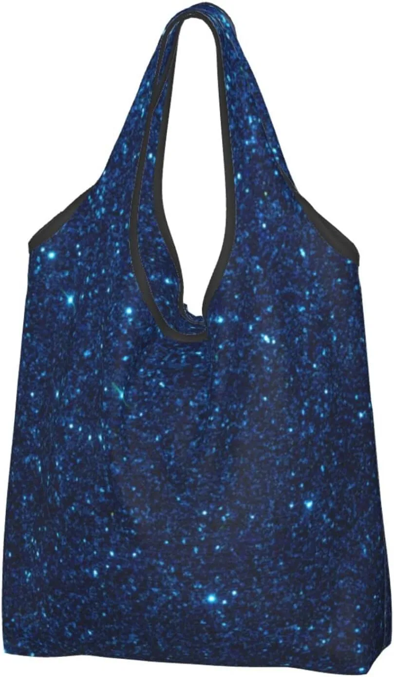 3 PCS Large Tote Bag for Women - Lightweight Sparkling Blue Glitter Reusable Grocery Bags Foldable, Shopping Bags for Groceries, Cloth Bags Work Beach Travel with Handles