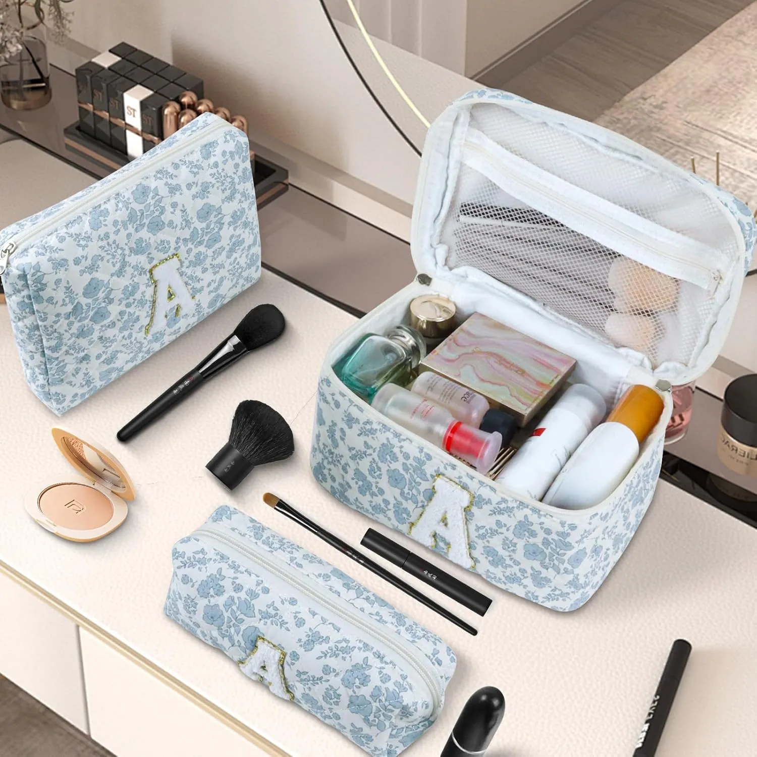 3 Pcs Travel Initial Quilted Makeup Bag set, Toiletry Personalized Floral Makeup Bag Birthday Gifts for teens girls and women, Cosmetic bags makeup organizer bag set-A