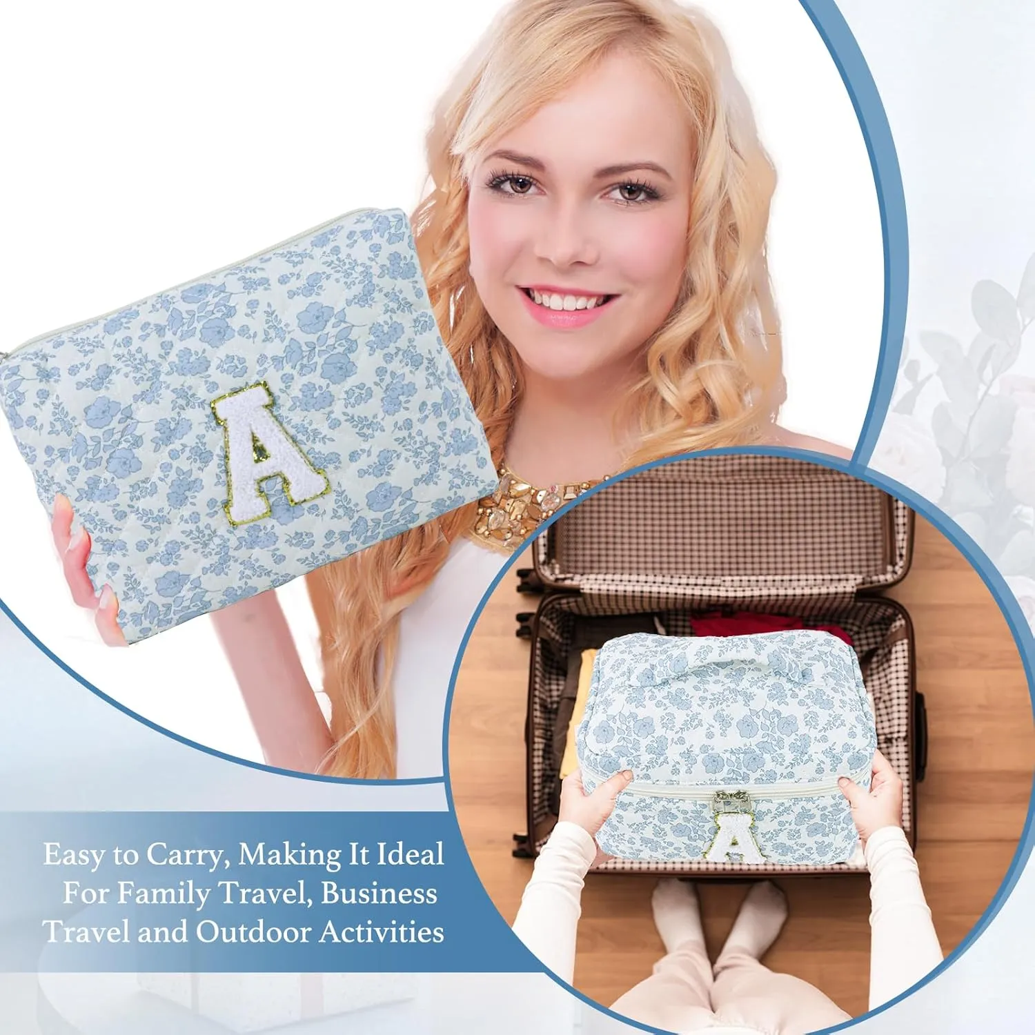 3 Pcs Travel Initial Quilted Makeup Bag set, Toiletry Personalized Floral Makeup Bag Birthday Gifts for teens girls and women, Cosmetic bags makeup organizer bag set-K