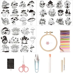 36 PCS Water Soluble Hand Sewing Stabilizers Kits, Mushroom Embroidery Stabilizers Preprinted for Shirts Canvas Shoes Linen Beginners Handbags