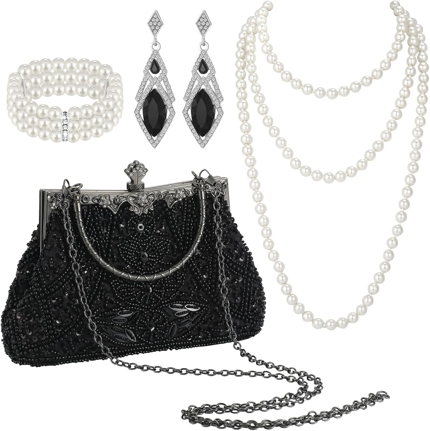 4 Pcs 1920s Accessories Set Flapper Costume Pearl Jewelry Set Include Beaded Sequin Clutch Evening Bag with Chain Pearl Necklace Bracelet Dangle Earring for Women Wedding Party