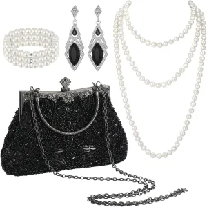 4 Pcs 1920s Accessories Set Flapper Costume Pearl Jewelry Set Include Beaded Sequin Clutch Evening Bag with Chain Pearl Necklace Bracelet Dangle Earring for Women Wedding Party