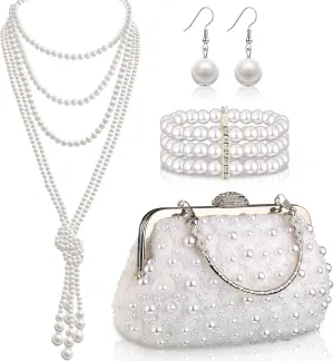 4 Pcs 1920s Jewelry Set Include Vintage Pearl Clutch with Chain Faux Pearl Dangle Earring Multi Strands Bracelet and Necklace for Women Wedding Prom Evening Anniversary Party Supplies