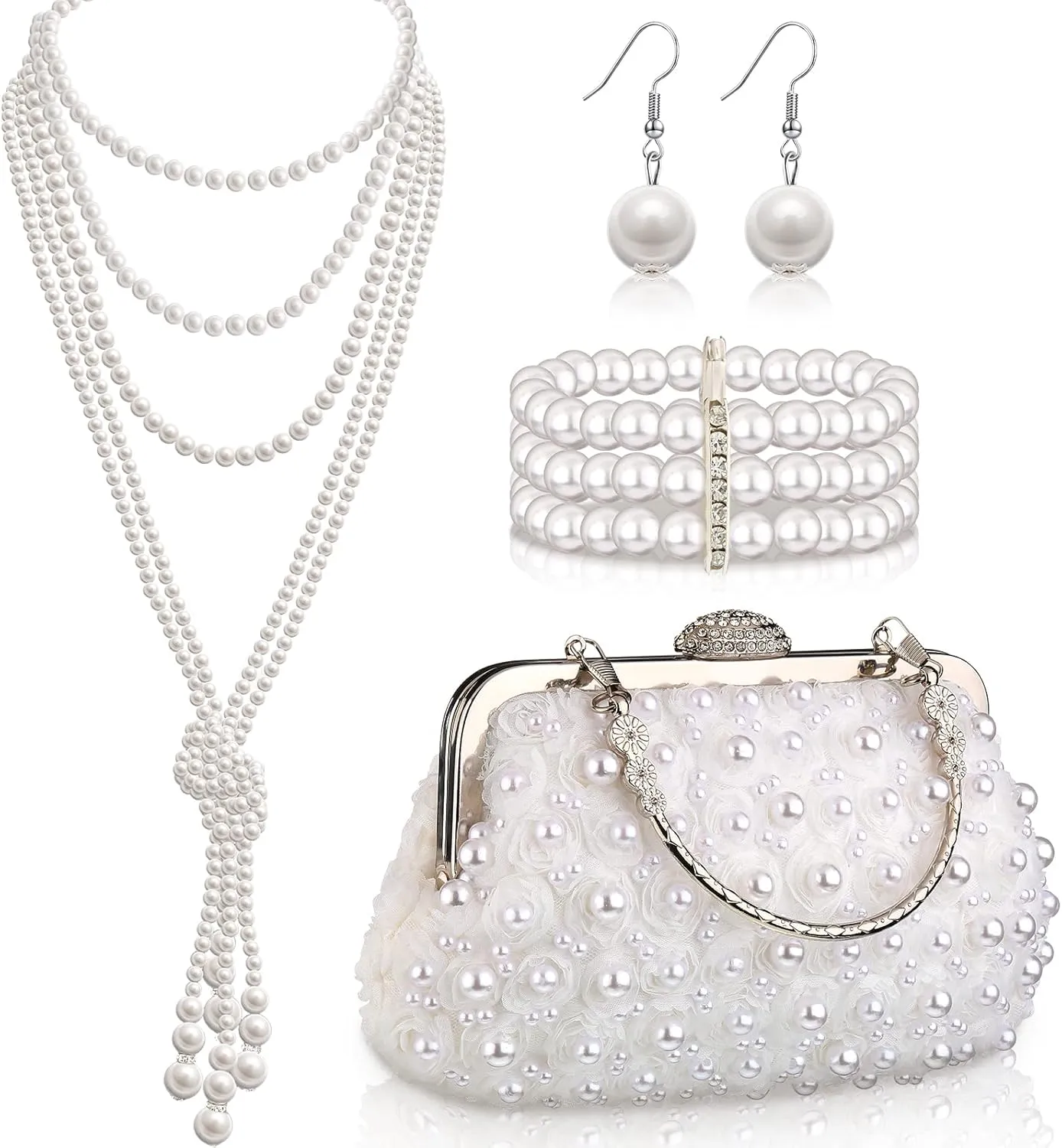 4 Pcs 1920s Jewelry Set Include Vintage Pearl Clutch with Chain Faux Pearl Dangle Earring Multi Strands Bracelet and Necklace for Women Wedding Prom Evening Anniversary Party Supplies