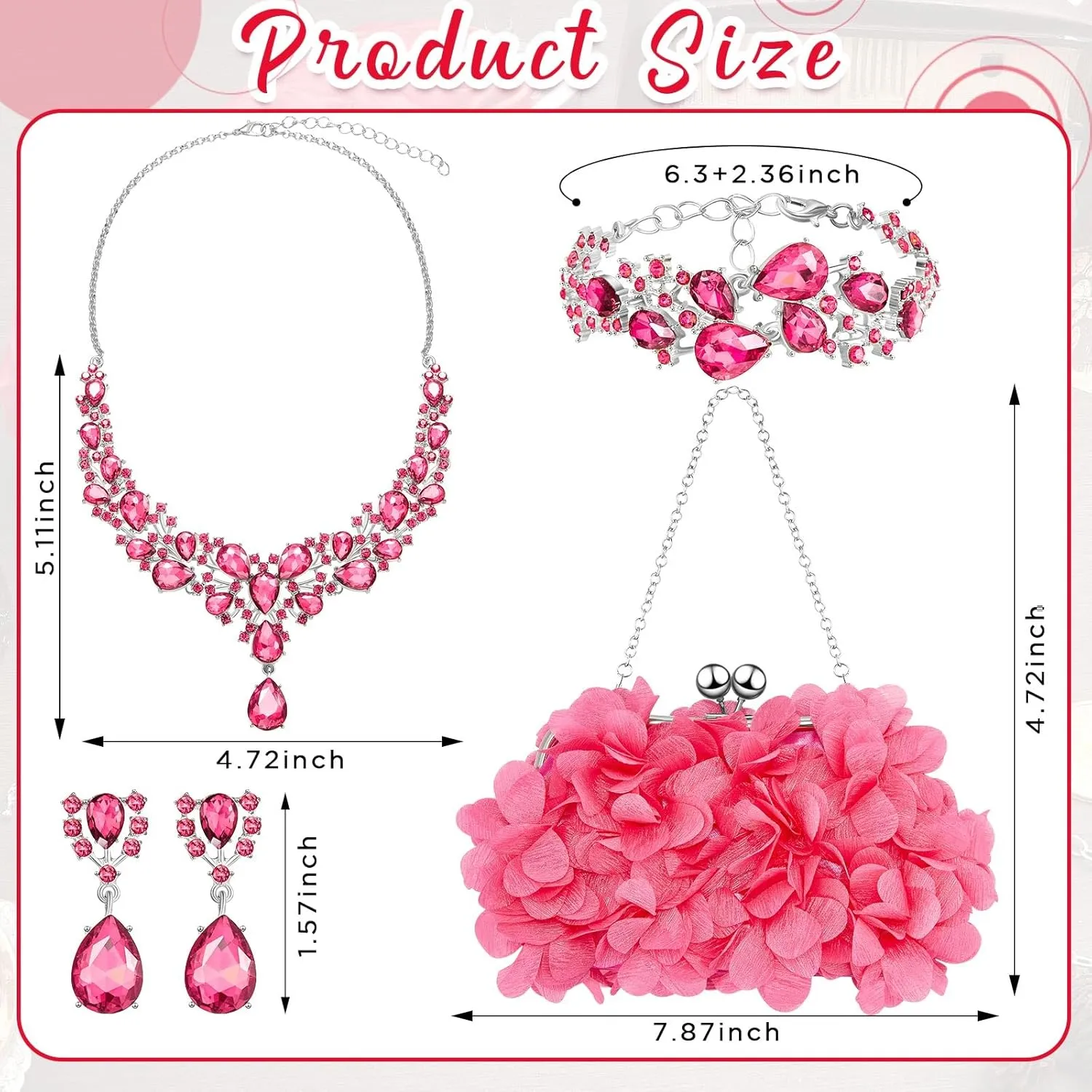 4 Pcs Valentine's Day Flower Clutch Rhinestone Jewelry Set Rose Clutch Handbags with Detachable Strap Detachable Necklace Earrings Bracelets for Wedding Party Prom Valentine's Day Gift