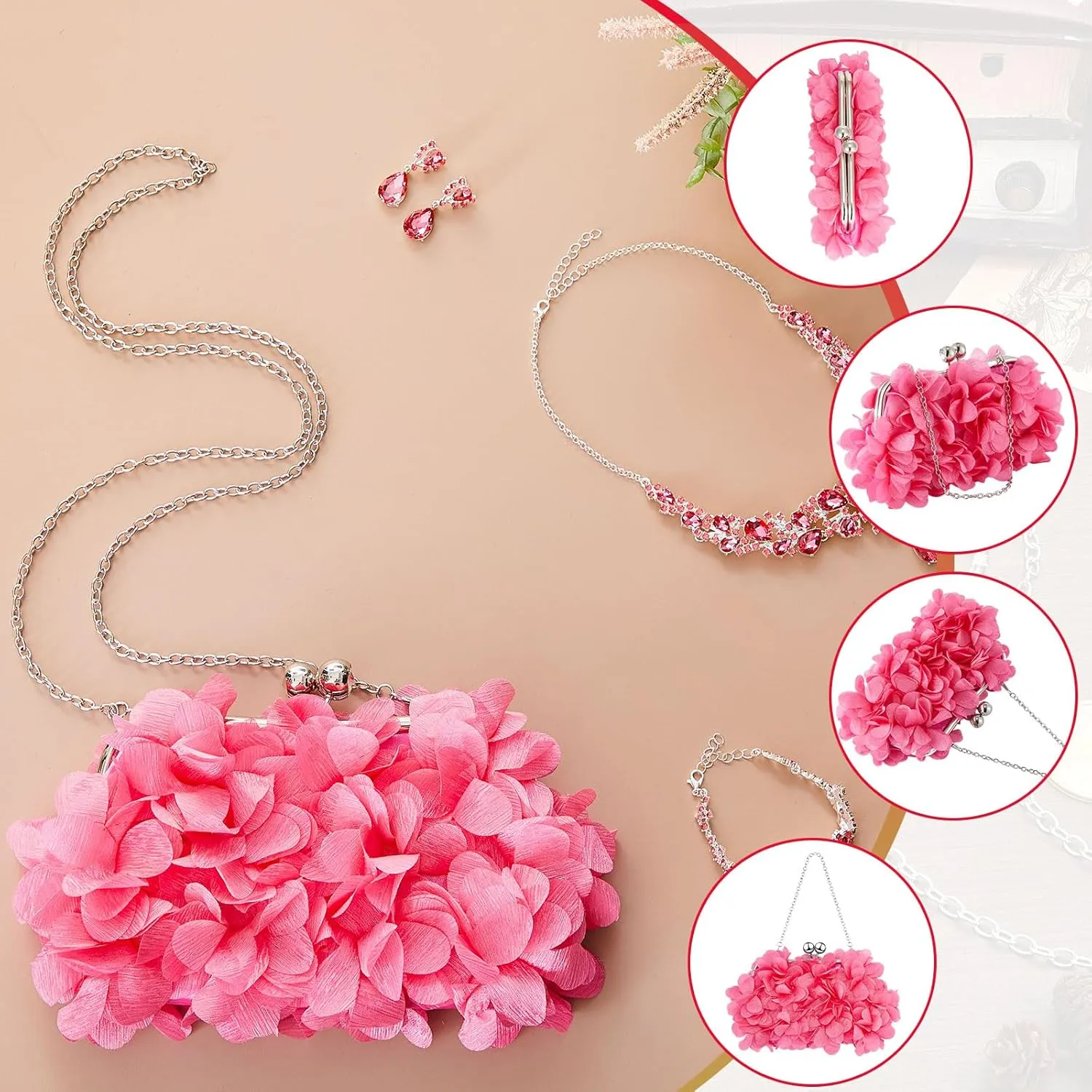 4 Pcs Valentine's Day Flower Clutch Rhinestone Jewelry Set Rose Clutch Handbags with Detachable Strap Detachable Necklace Earrings Bracelets for Wedding Party Prom Valentine's Day Gift