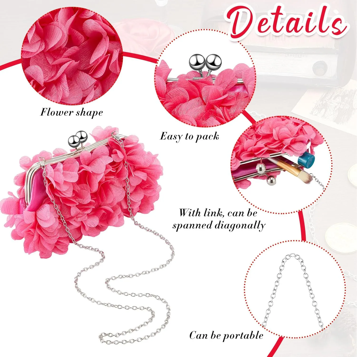 4 Pcs Valentine's Day Flower Clutch Rhinestone Jewelry Set Rose Clutch Handbags with Detachable Strap Detachable Necklace Earrings Bracelets for Wedding Party Prom Valentine's Day Gift