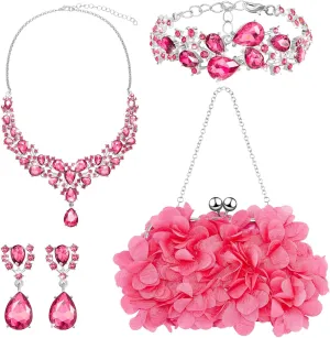 4 Pcs Valentine's Day Flower Clutch Rhinestone Jewelry Set Rose Clutch Handbags with Detachable Strap Detachable Necklace Earrings Bracelets for Wedding Party Prom Valentine's Day Gift