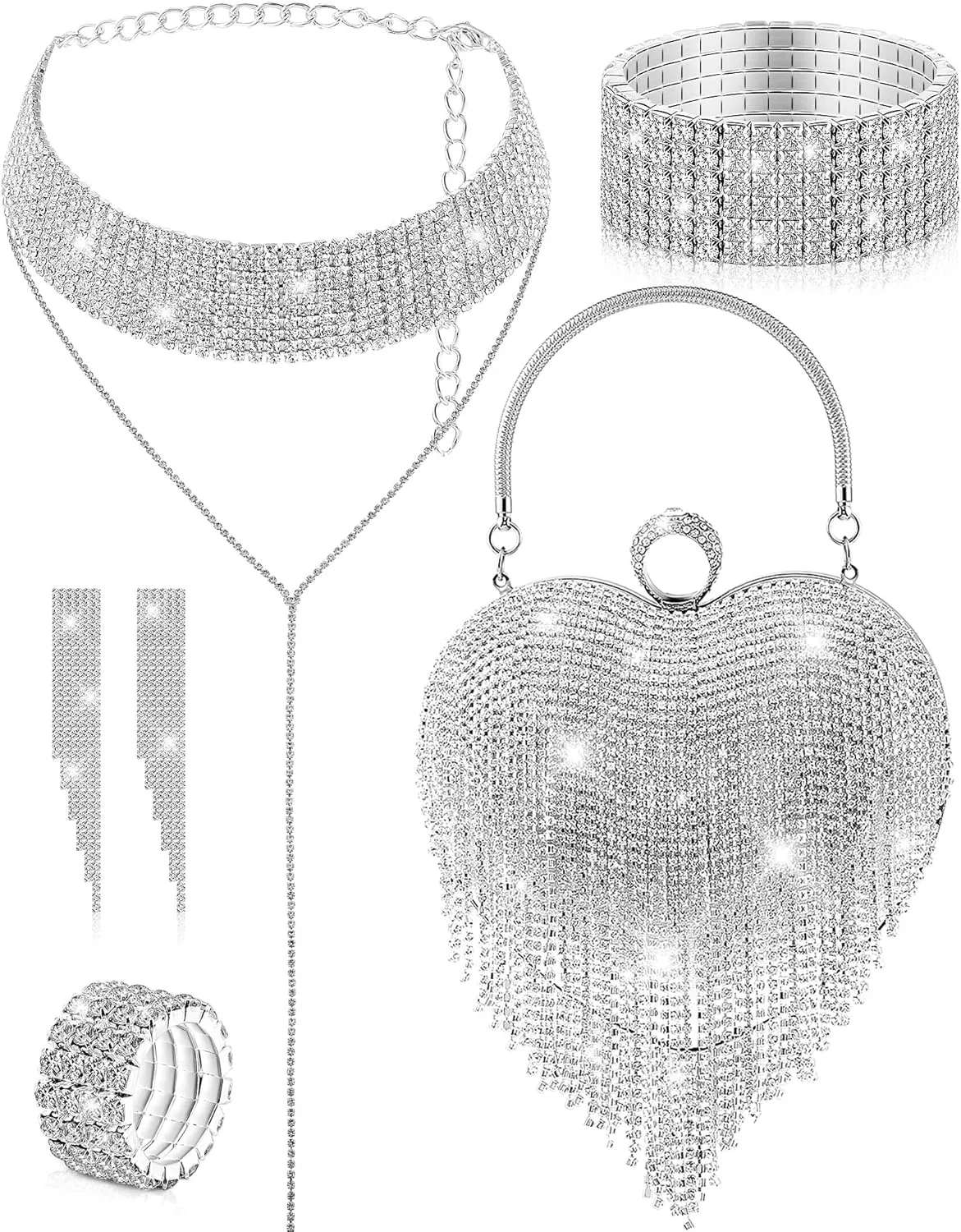 5 Pcs Valentine's Day Rhinestone Clutch Purses Jewelry Set for Women Heart Shape Tassel Evening Clutch Bag
