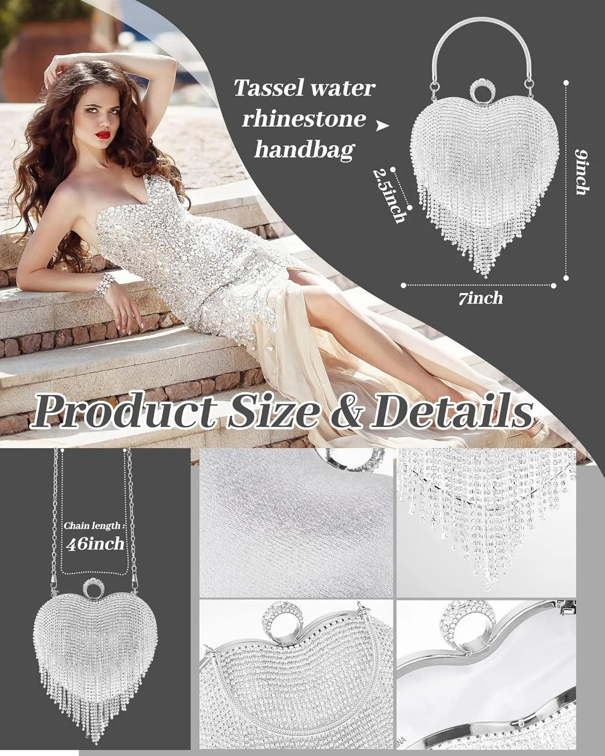 5 Pcs Valentine's Day Rhinestone Clutch Purses Jewelry Set for Women Heart Shape Tassel Evening Clutch Bag